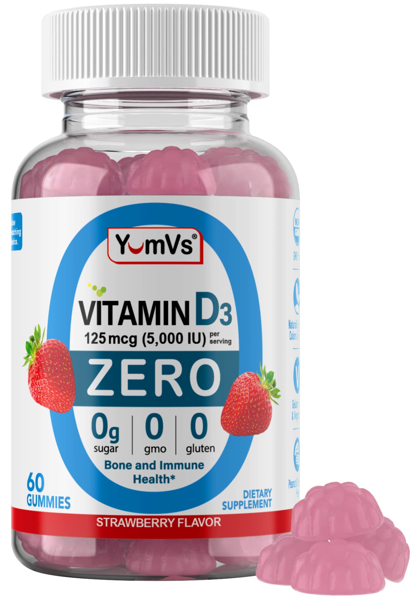 Front view of Yum-Vs Vitamin D3 Gummies Zero Sugar bottle