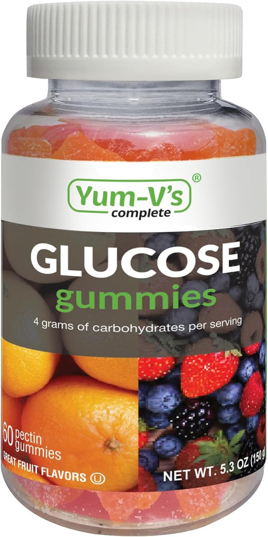 YUM-V'S Glucose Gummies bottle featuring orange and berry flavors