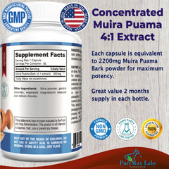 Close-up of Muira Puama capsules showing 4:1 extract