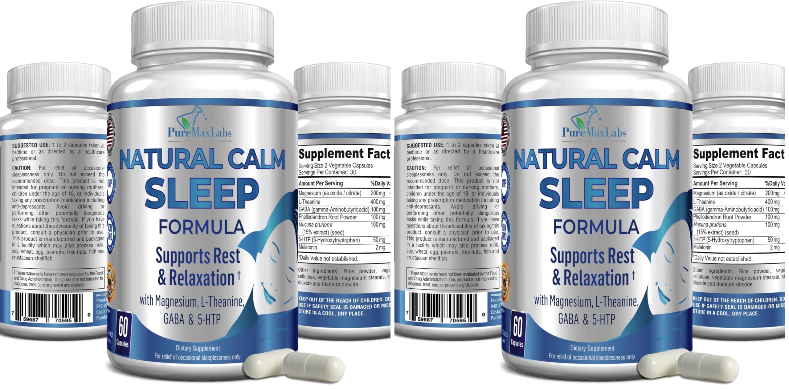 Front view of YUMMYVITE Natural Calm Sleep Aid bottle – 60 capsules (pack of 2)