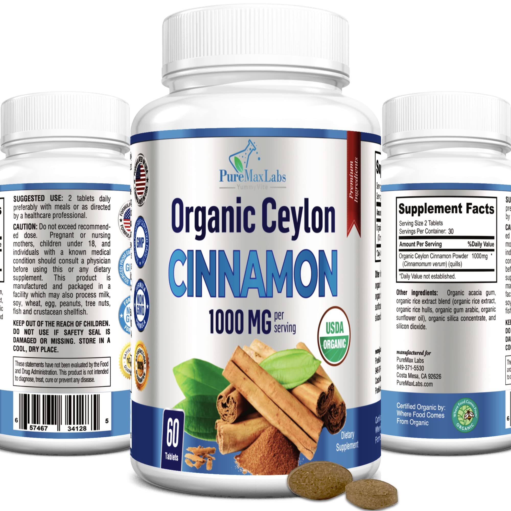 YUMMYVITE Organic Ceylon Cinnamon bottle with 60 tablets