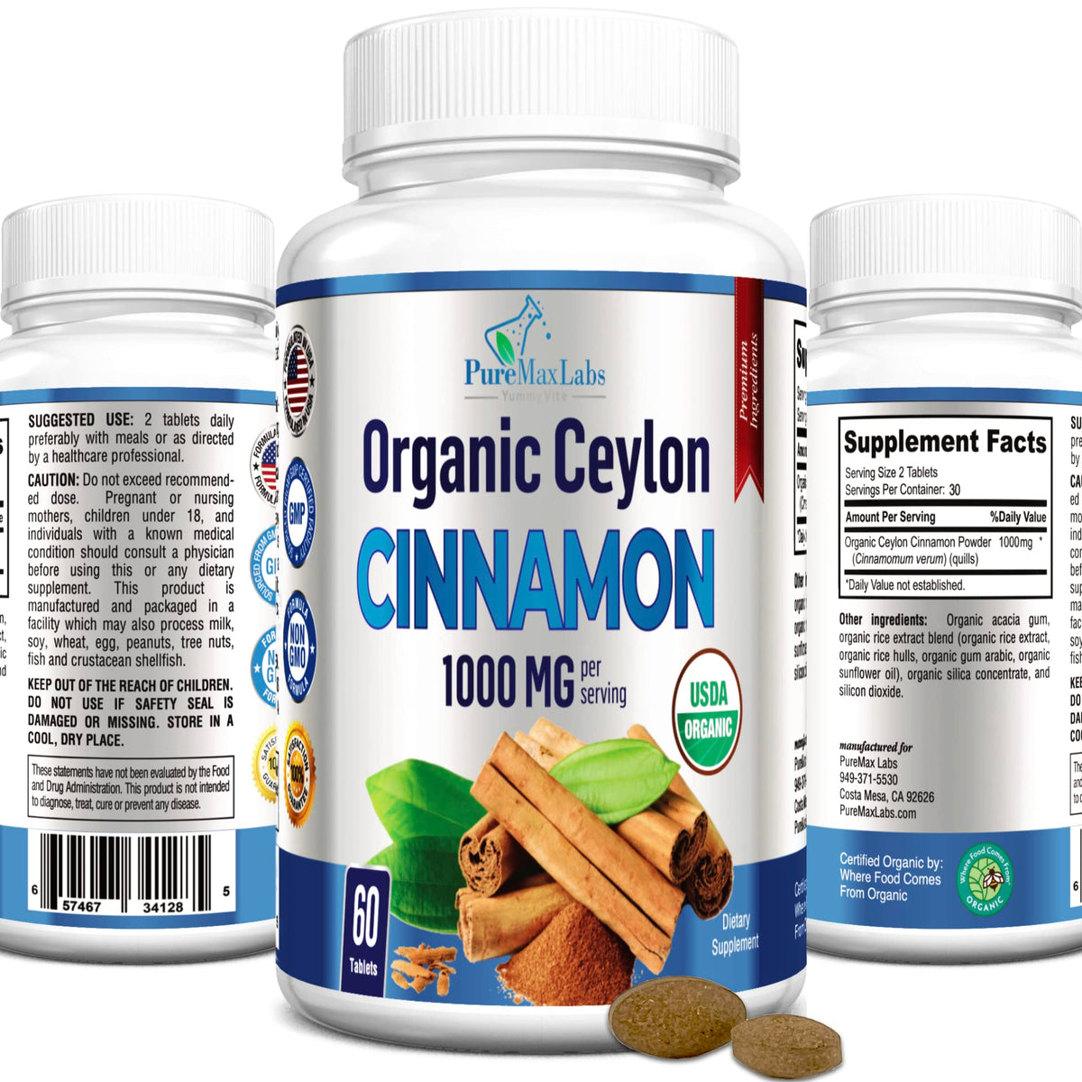 YUMMYVITE Organic Ceylon Cinnamon bottle with 60 tablets