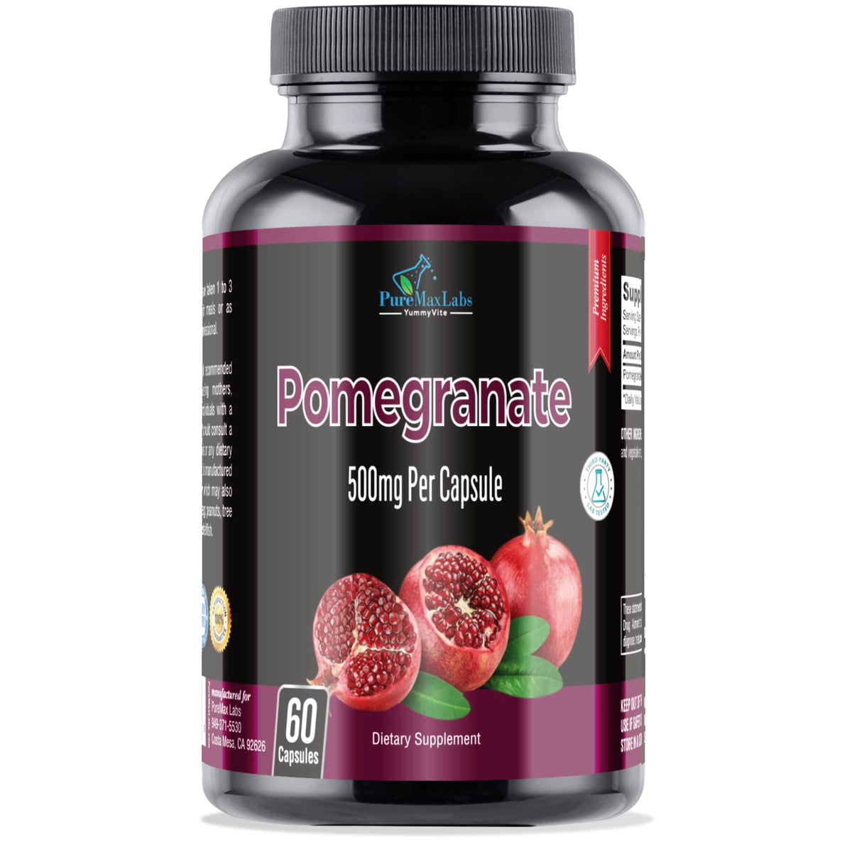 Bottle of YUMMYVITE Pomegranate Capsules 500mg with label