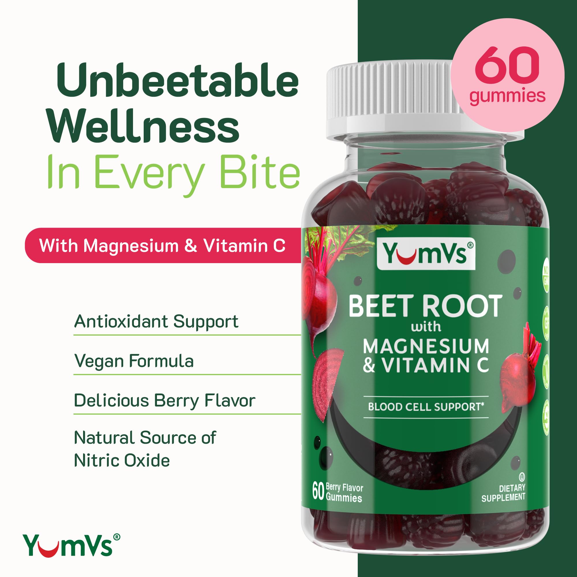 Berry flavor YumVs Beet Root Gummies label close-up