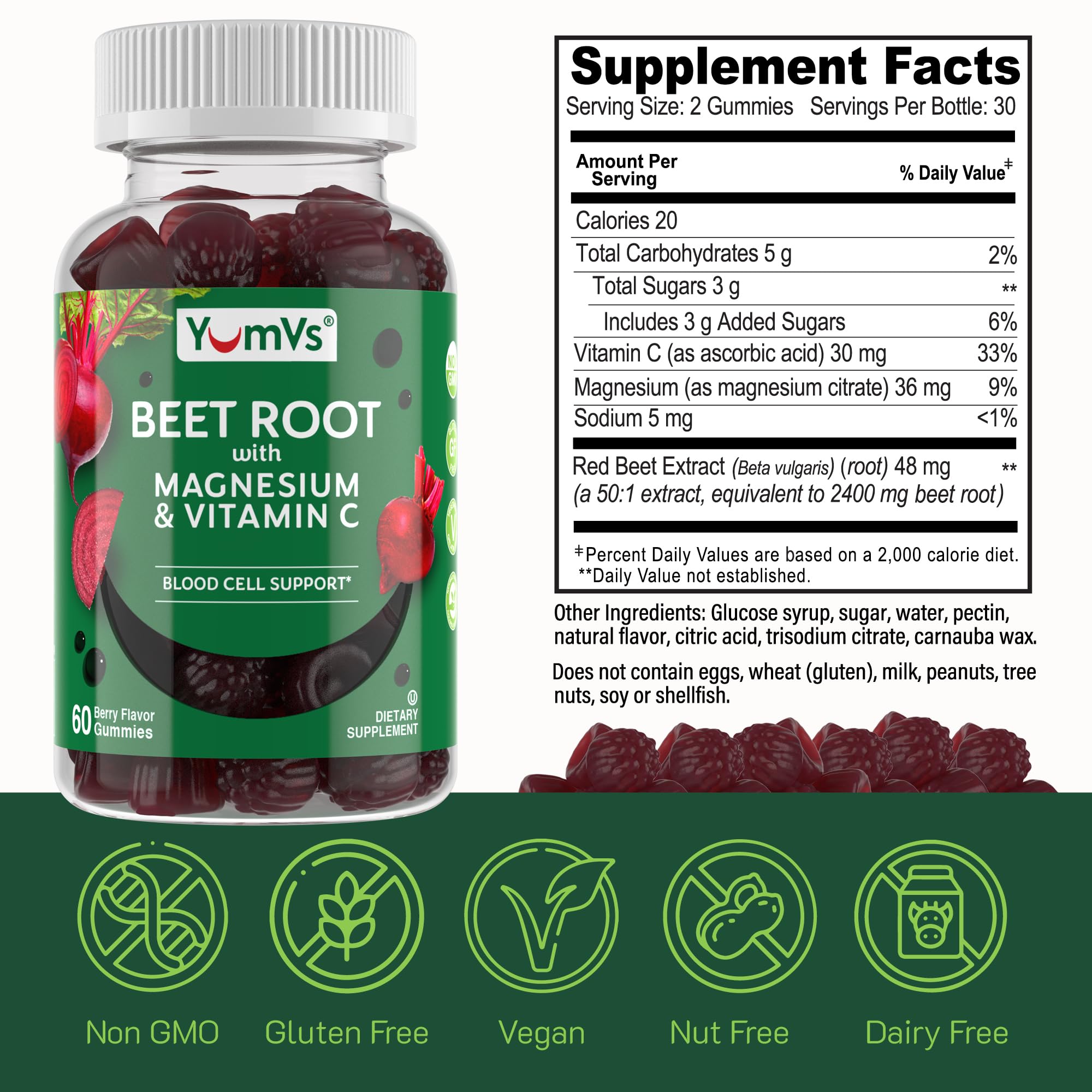Non-GMO, gluten-free, gelatin-free YumVs Beet Root Gummies