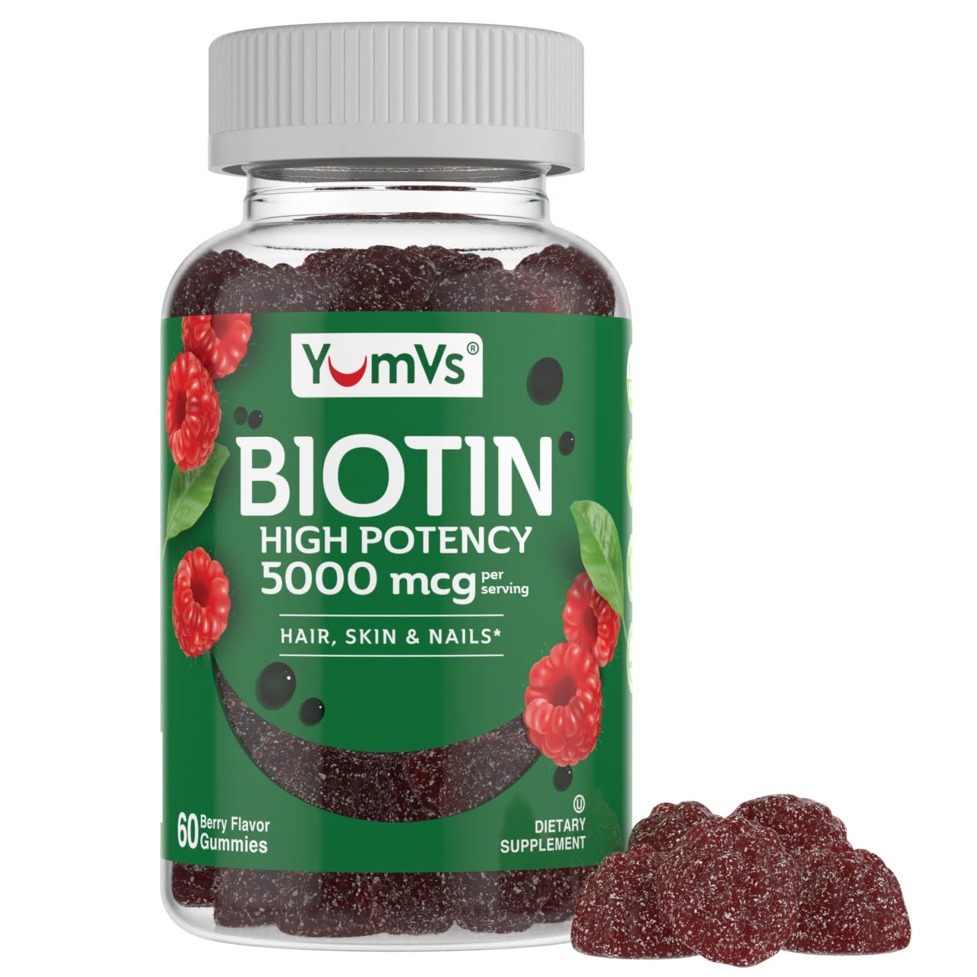 Bottle of YumVs Biotin Gummies 5000mcg Raspberry Flavor on a white background