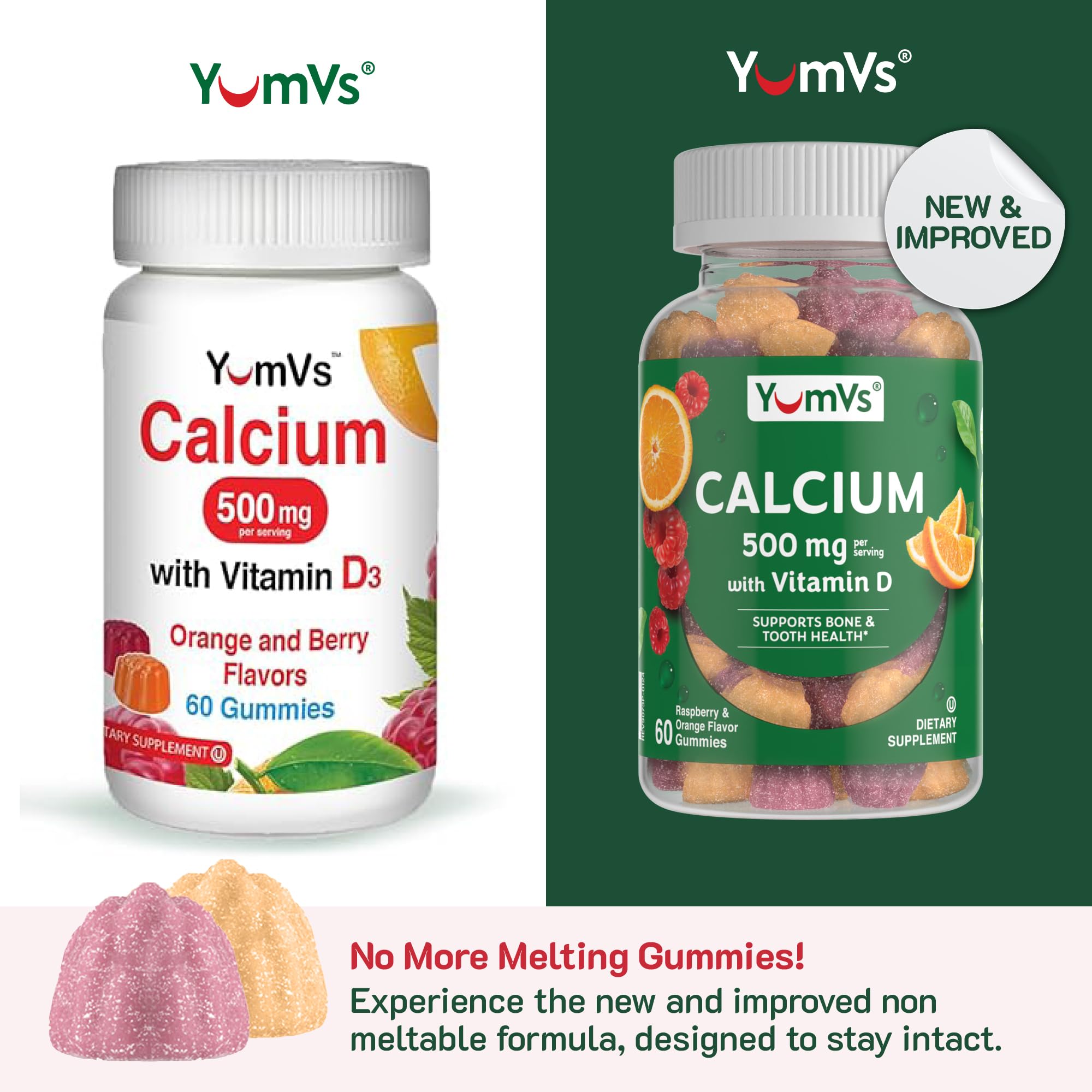 Close-up of Raspberry and Orange flavored YumVs calcium gummies