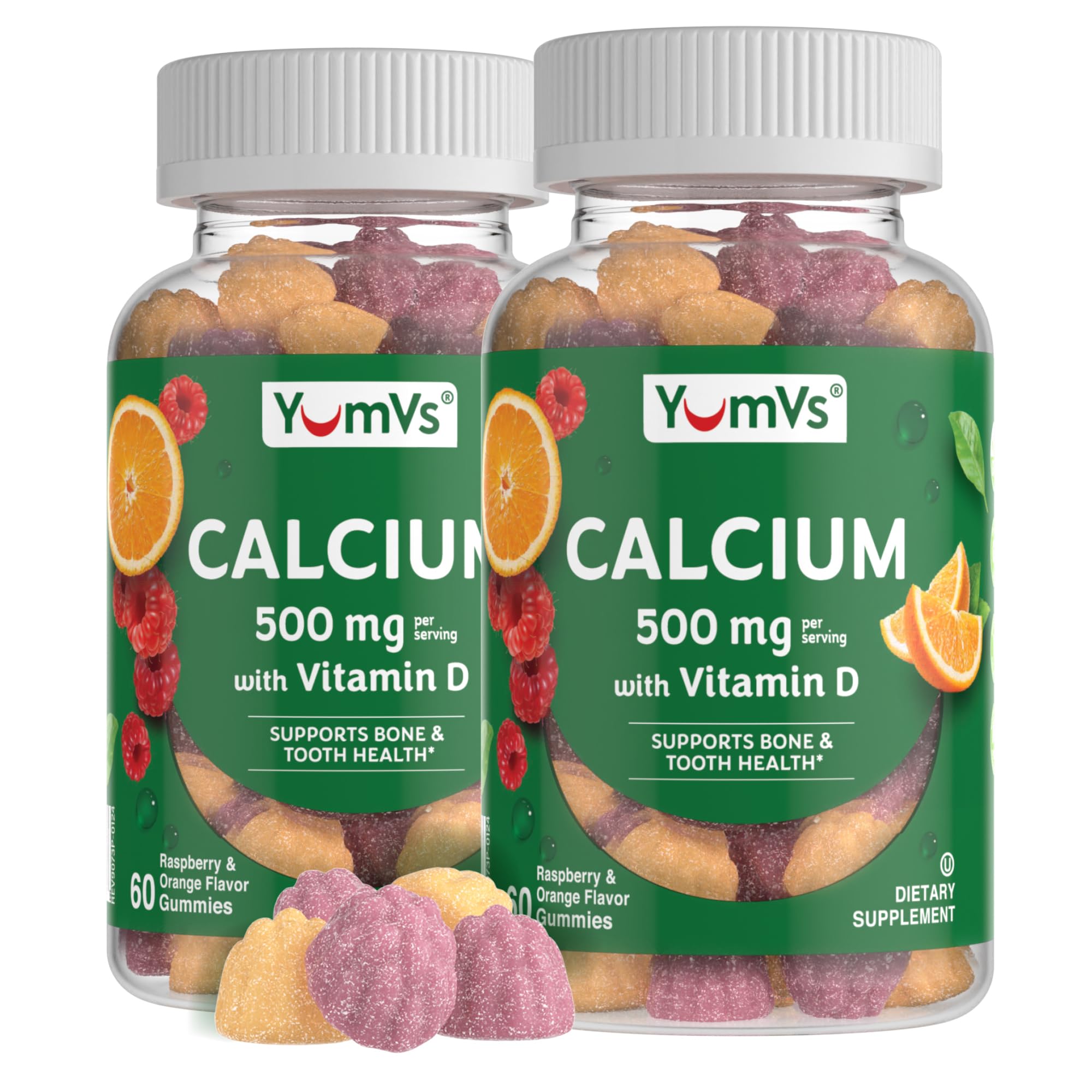 Front view of YumVs Calcium 500mg with Vitamin D3 Gummies in Raspberry and Orange flavor