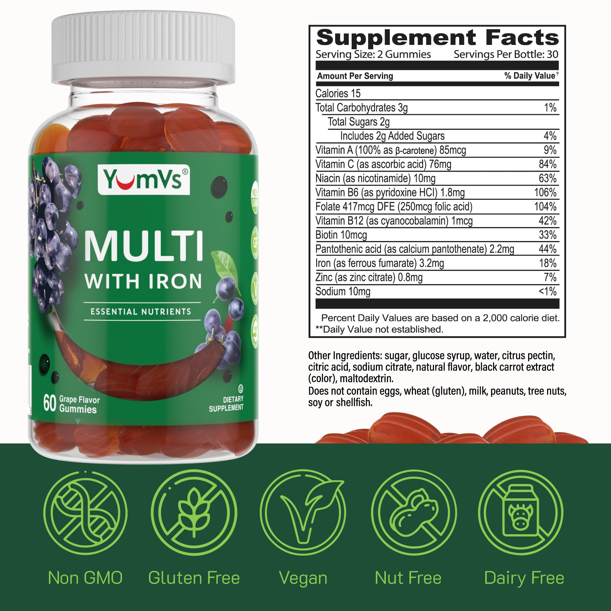 Illustration of included vitamins and minerals: A, C, B6, B12, Niacin, Folate, Biotin, Pantothenic Acid, Zinc