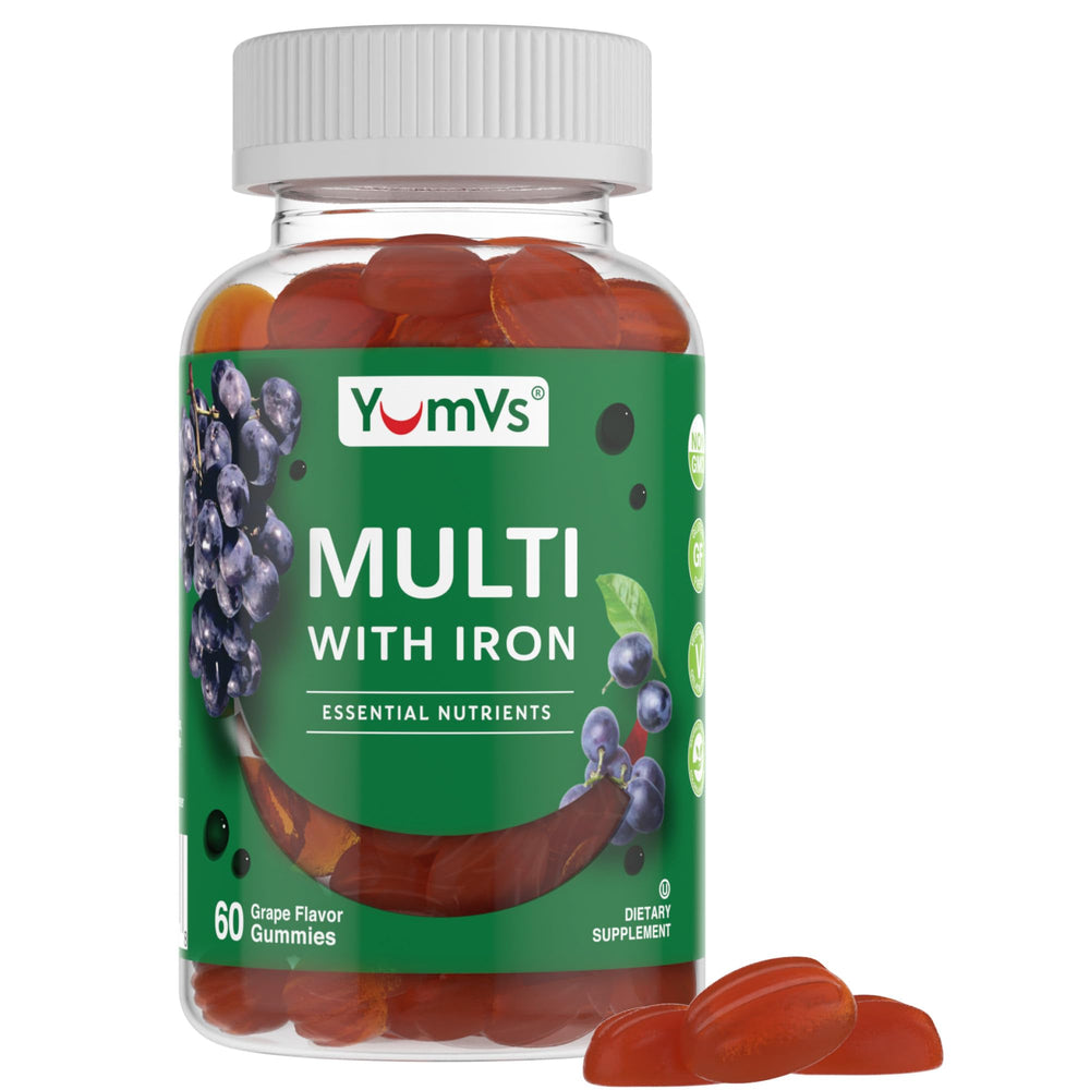 Front of YUM-V'S Iron Gummies grape flavor bottle, 60 count