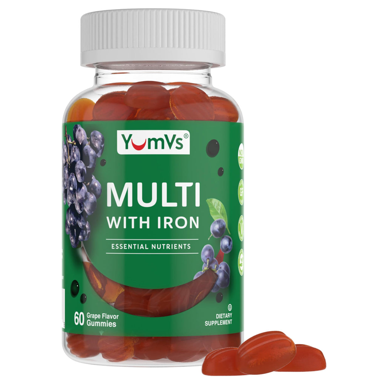 Front of YUM-V'S Iron Gummies grape flavor bottle, 60 count