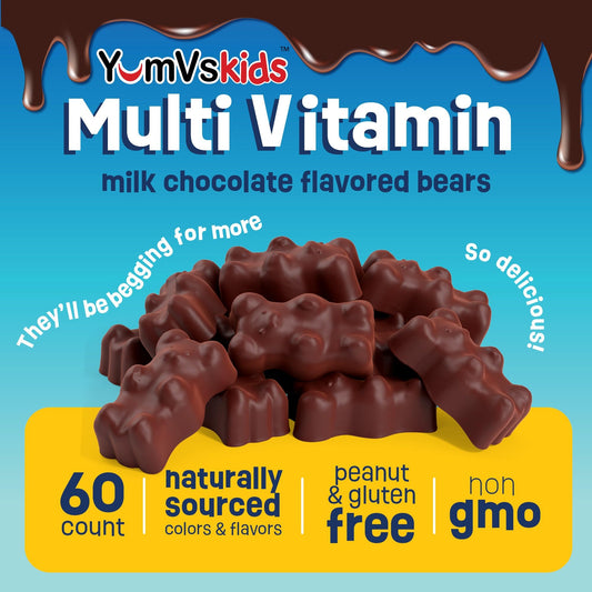 Back packaging details for YUM-V'S Kids Multivitamin Chocolate Bears, 60-count