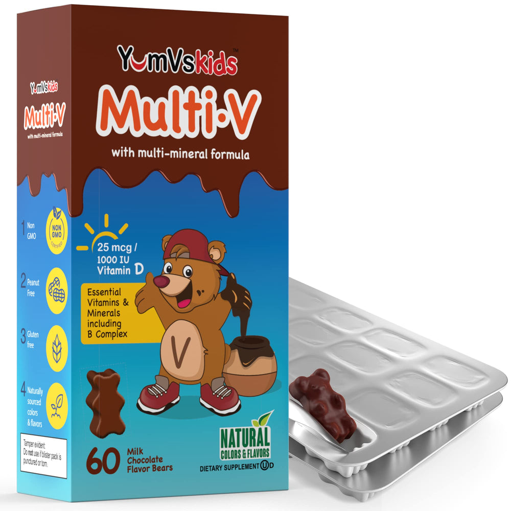 Bottle and foil packaging image for YUM-V'S Kids Multivitamin Chocolate Bears