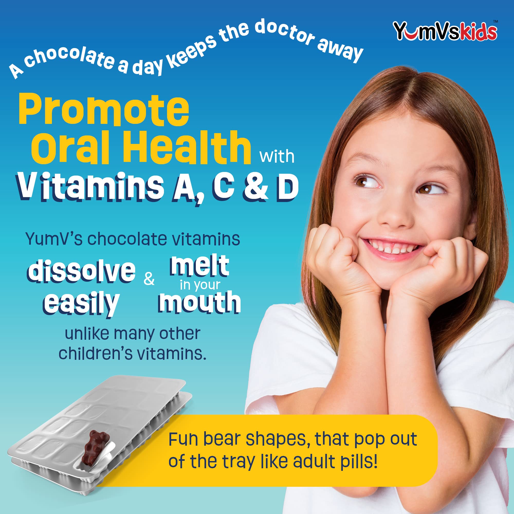 Nutrition facts label for YUM-V'S Kids Multivitamin Chocolate Bears