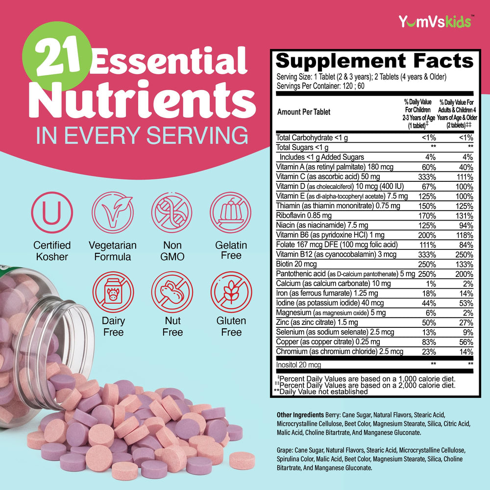 Nutrition label highlighting 21 essential nutrients including Iron, Vitamin C, D3, Zinc, and B12