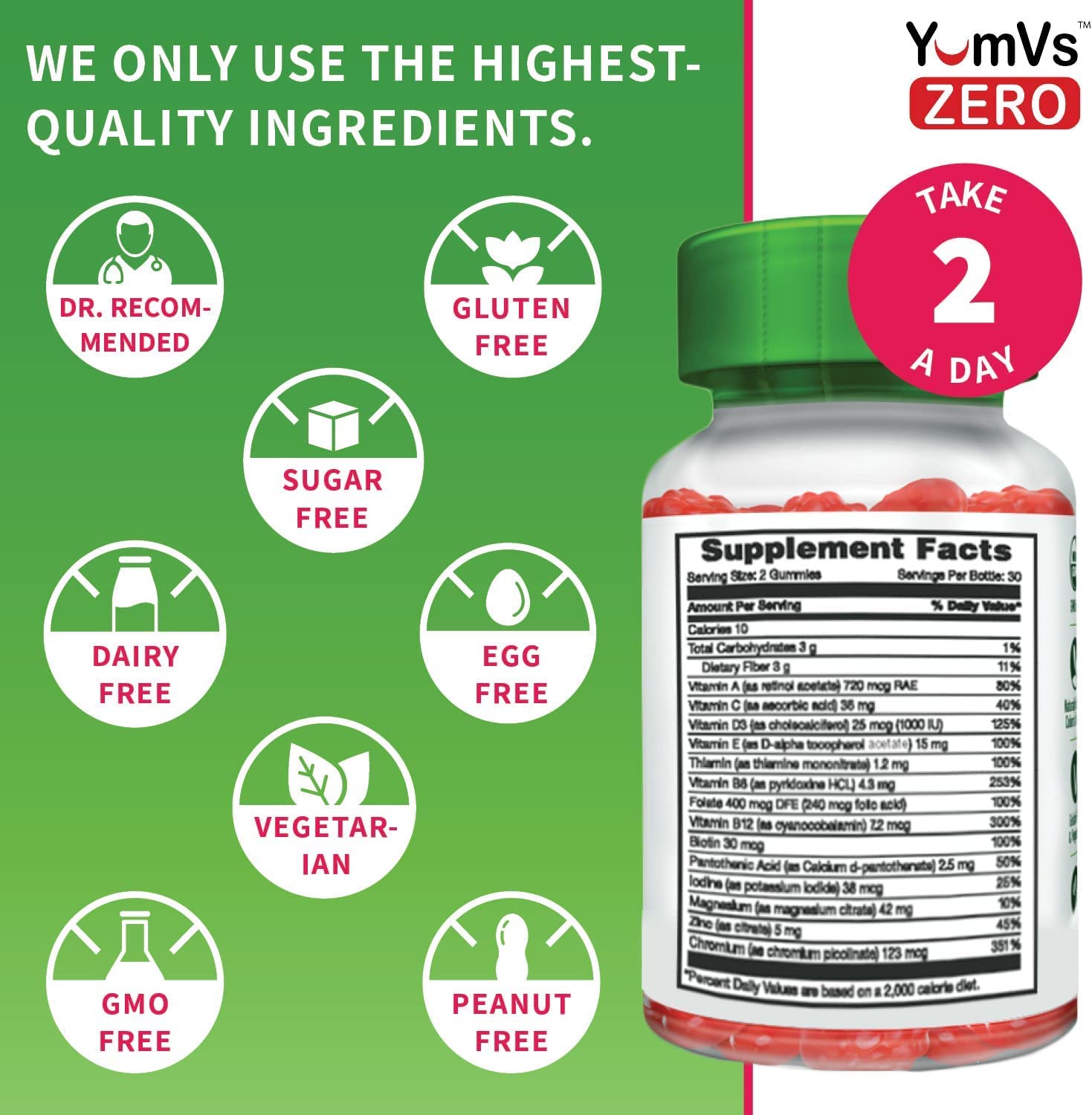 Nutrition and ingredient panel of YUM-V'S gummies
