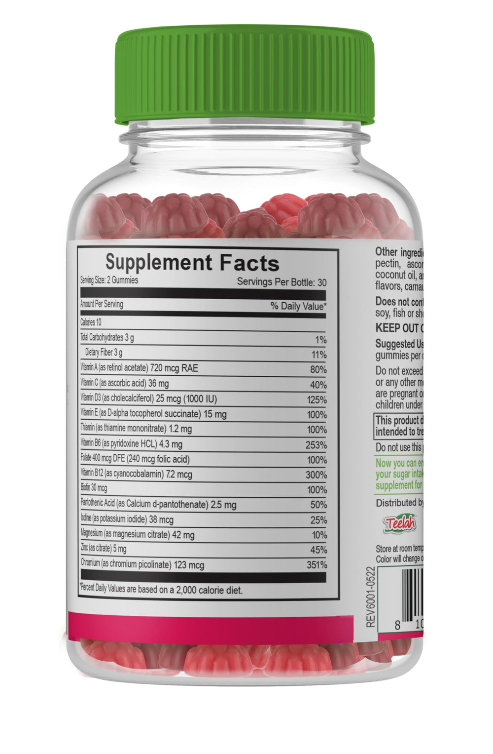 Nutrition facts panel for YUM-V'S gummies