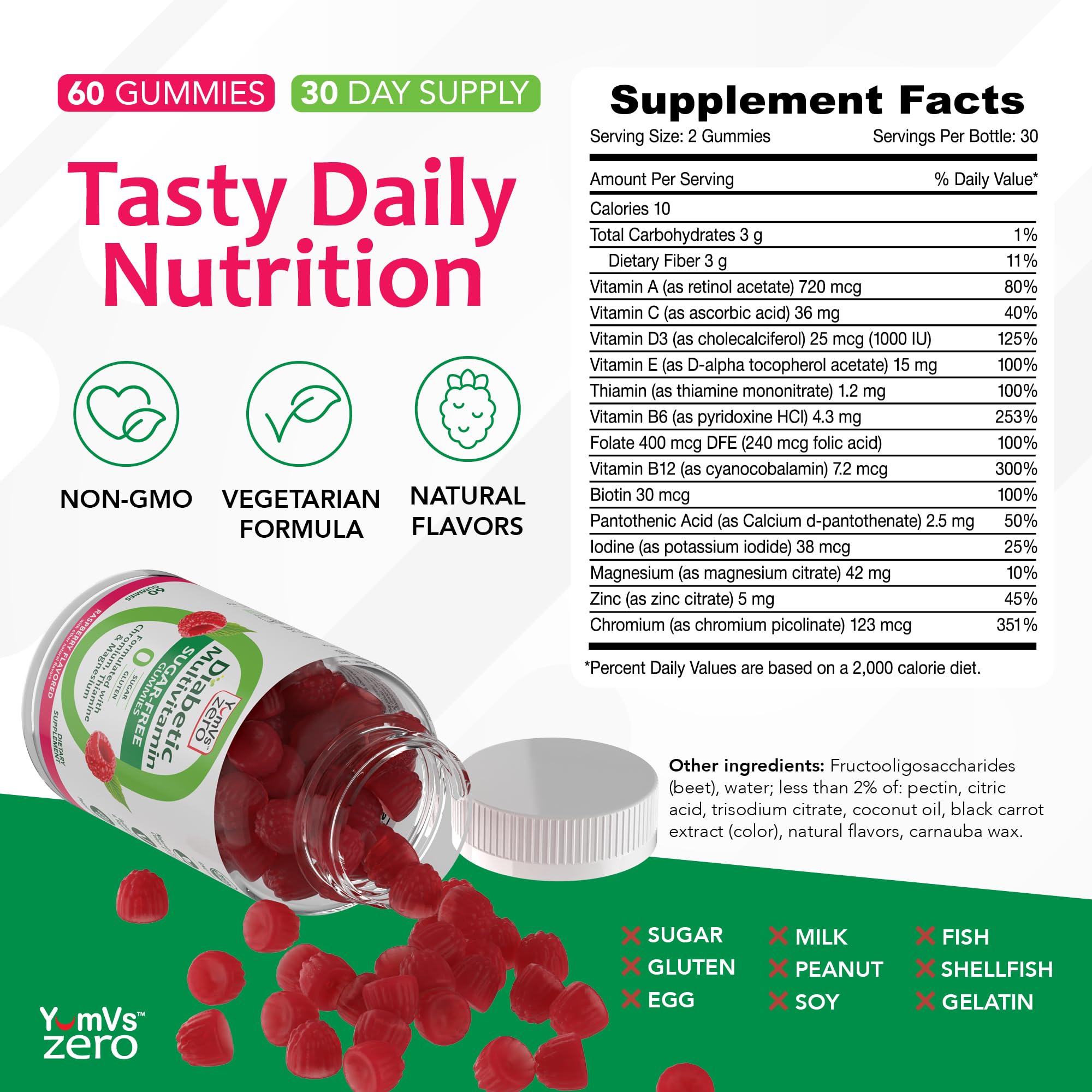 Close-up of ingredient list on YumVs multivitamin label with vitamins and minerals