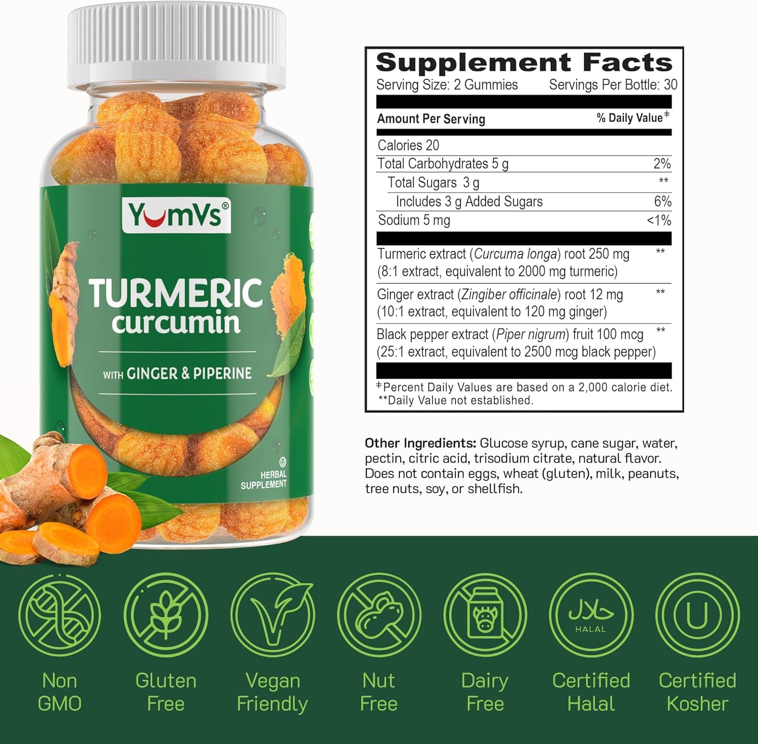 Vegetarian and gluten-free YumV’s Turmeric Gummies label