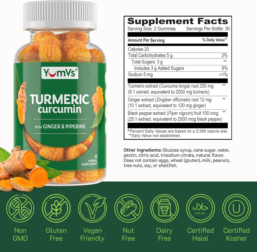 Vegetarian and gluten-free YumV’s Turmeric Gummies label