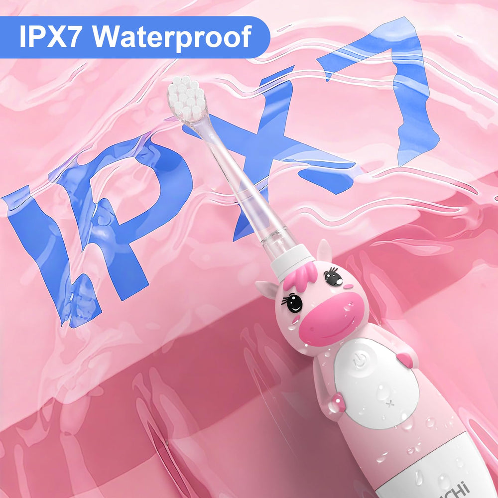 2-minute timer indicator on the pink toothbrush