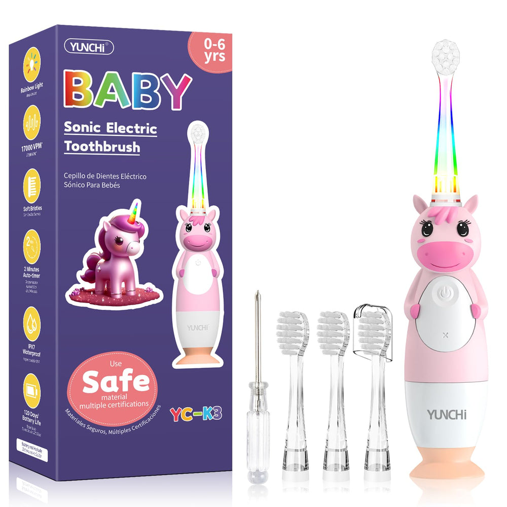 Front view of YUNCHI pink toddler electric toothbrush