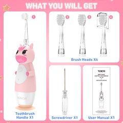 Packaging and included items for YUNCHI pink toddler toothbrush