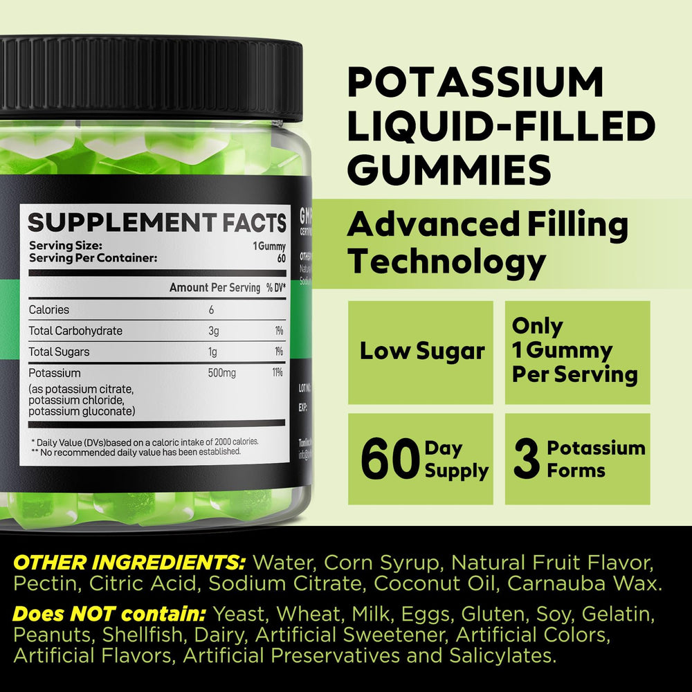 Close-up of a single 500mg potassium gummy with center filling