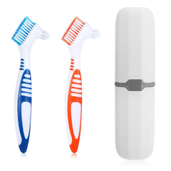 Denture cleaning brush set with dual heads and white storage case