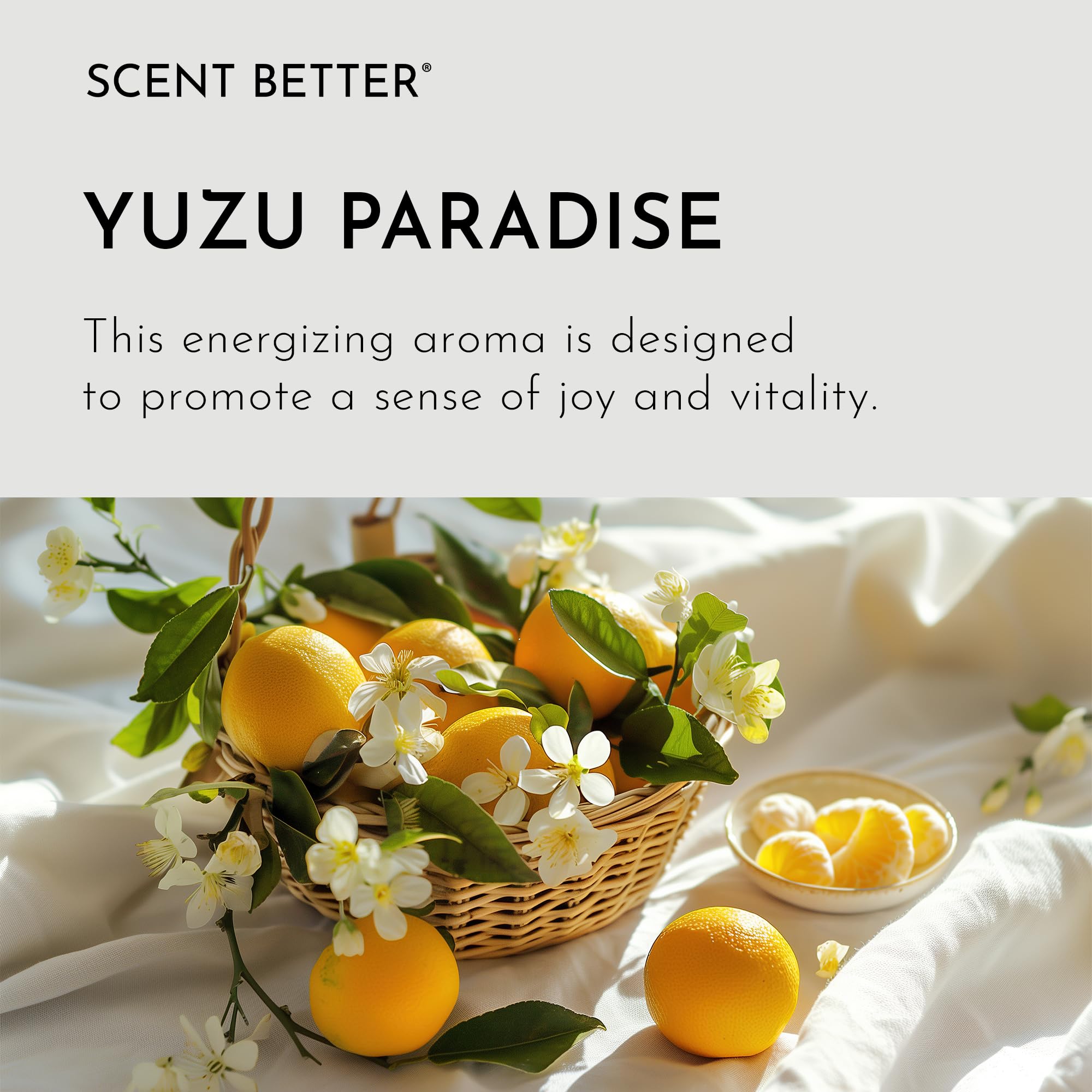 Close-up of Yuzu Paradise diffuser oil bottle label showing Yuzu and Bamboo notes