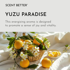 Close-up of Yuzu Paradise diffuser oil bottle label showing Yuzu and Bamboo notes