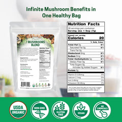 Close-up of seven mushroom species in the blend