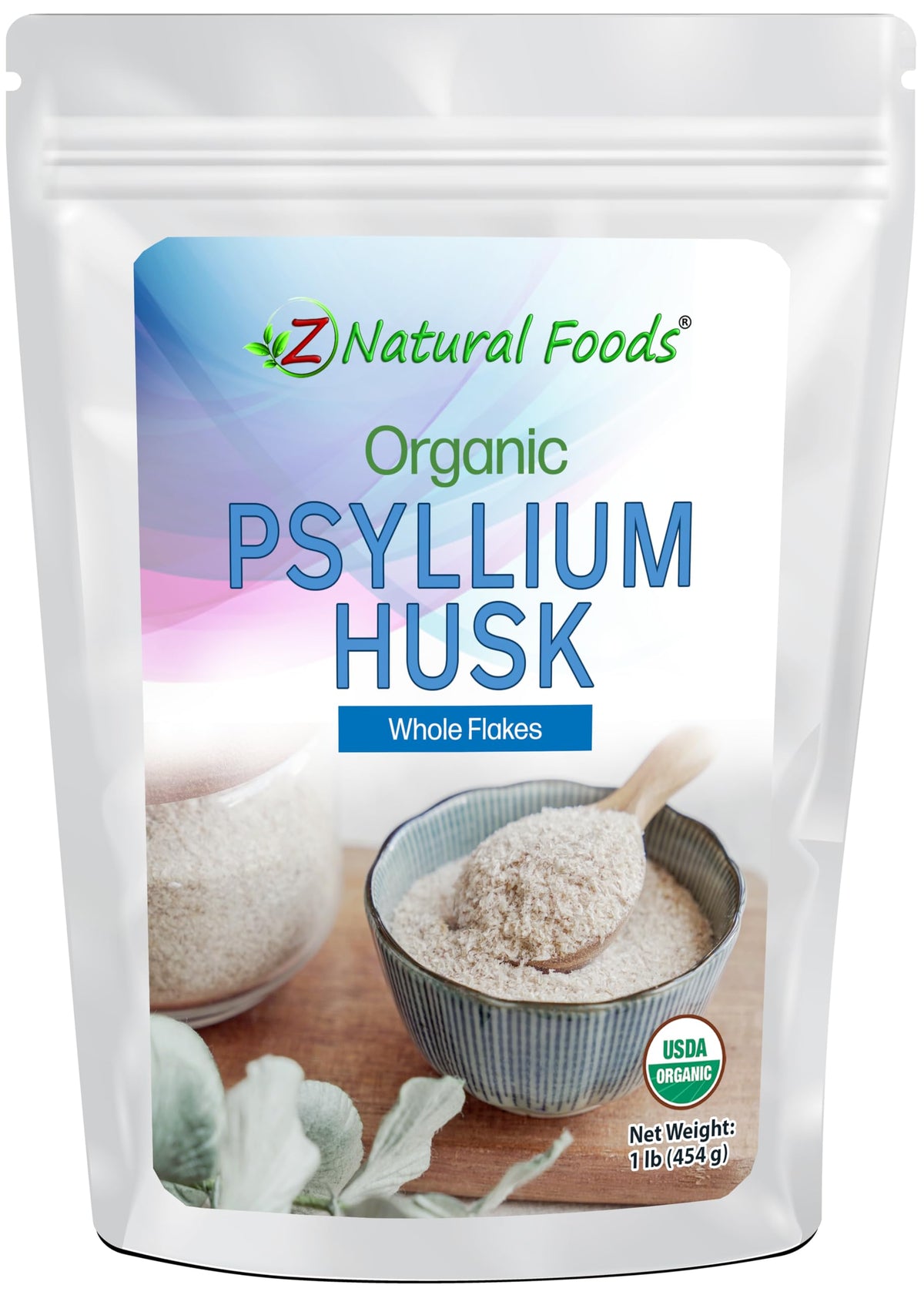 Front packaging of Z Natural Foods Organic Whole Psyllium Husk Flakes 1 lb