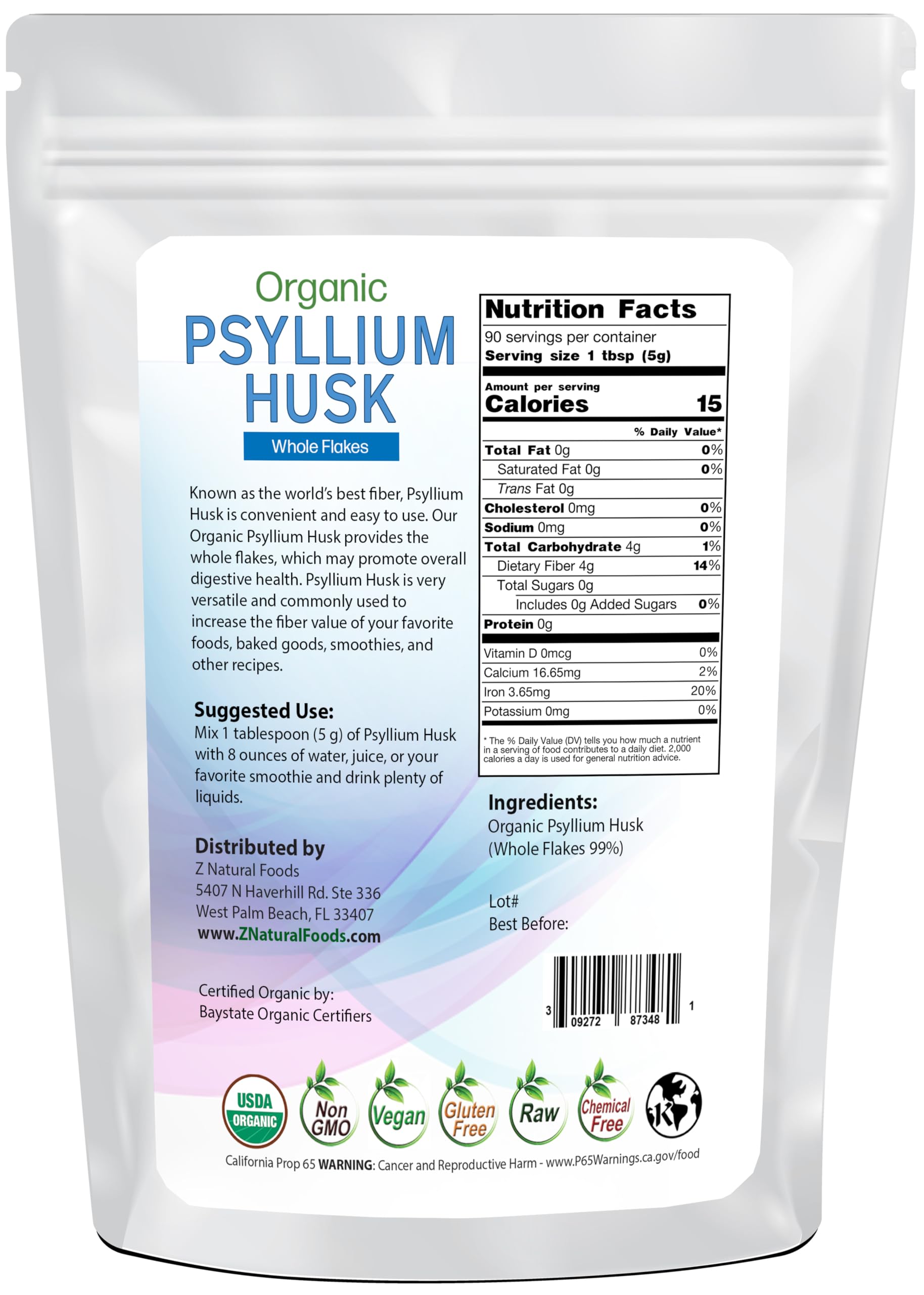 Organic label and vegan-friendly certification on psyllium husk packaging