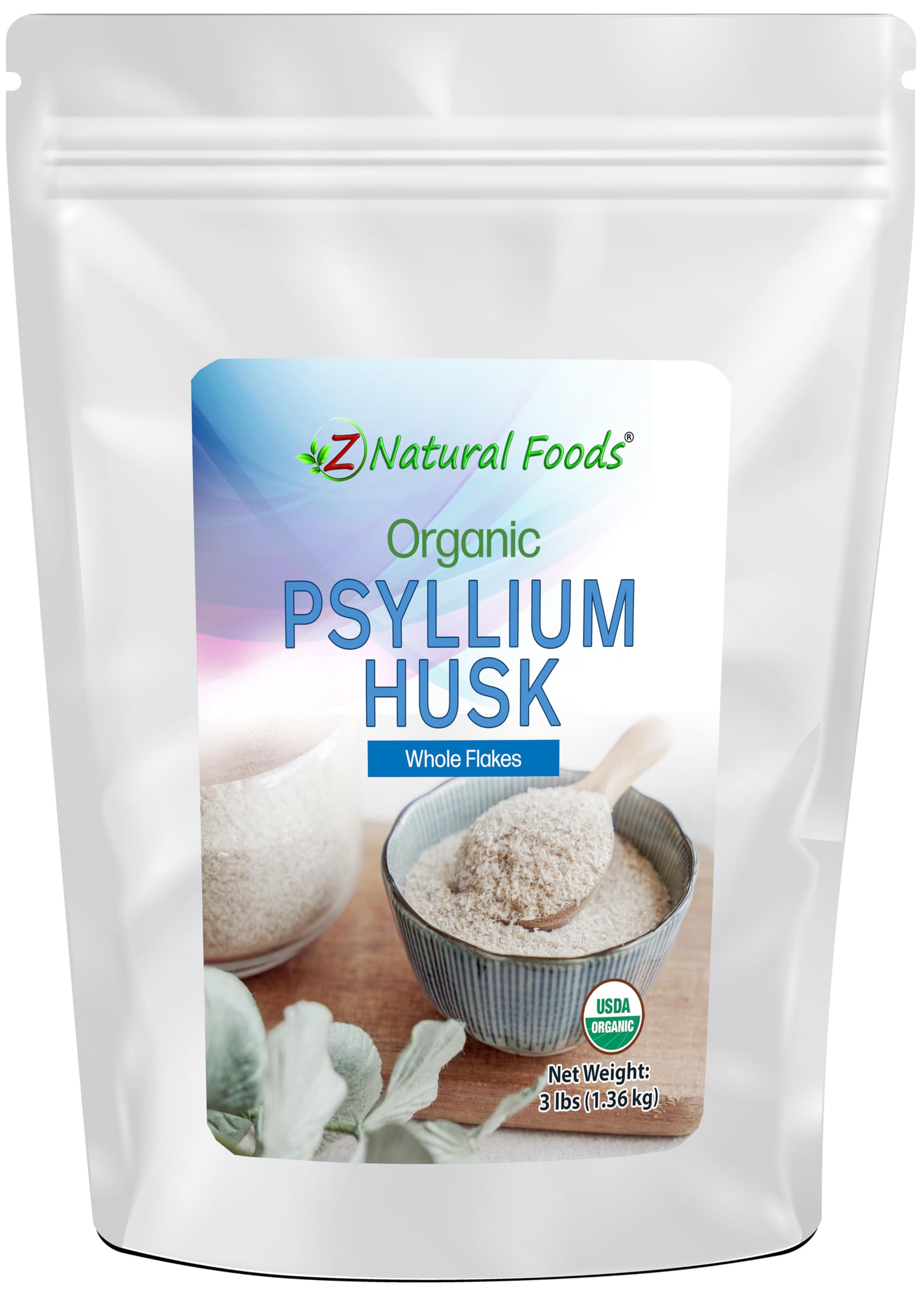 Front view of Z Natural Foods Organic Whole Psyllium Husk Flakes container
