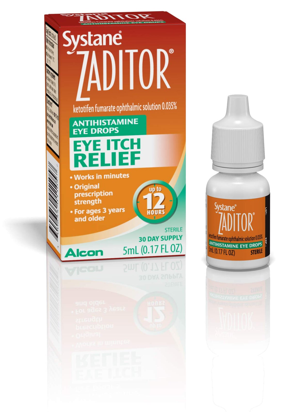 Zaditor antihistamine eye drops bottle close-up for fast itch relief.