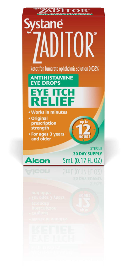 Zaditor eye drops applicator being used for lasting 12-hour relief.