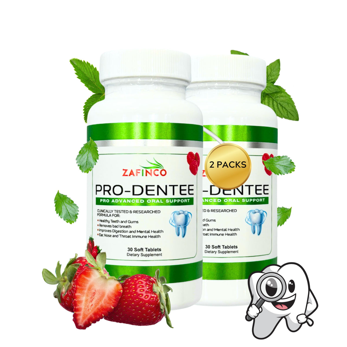 Front view of ZAFINCO-PRODENTEE probiotic bottle with 3.5B CFU