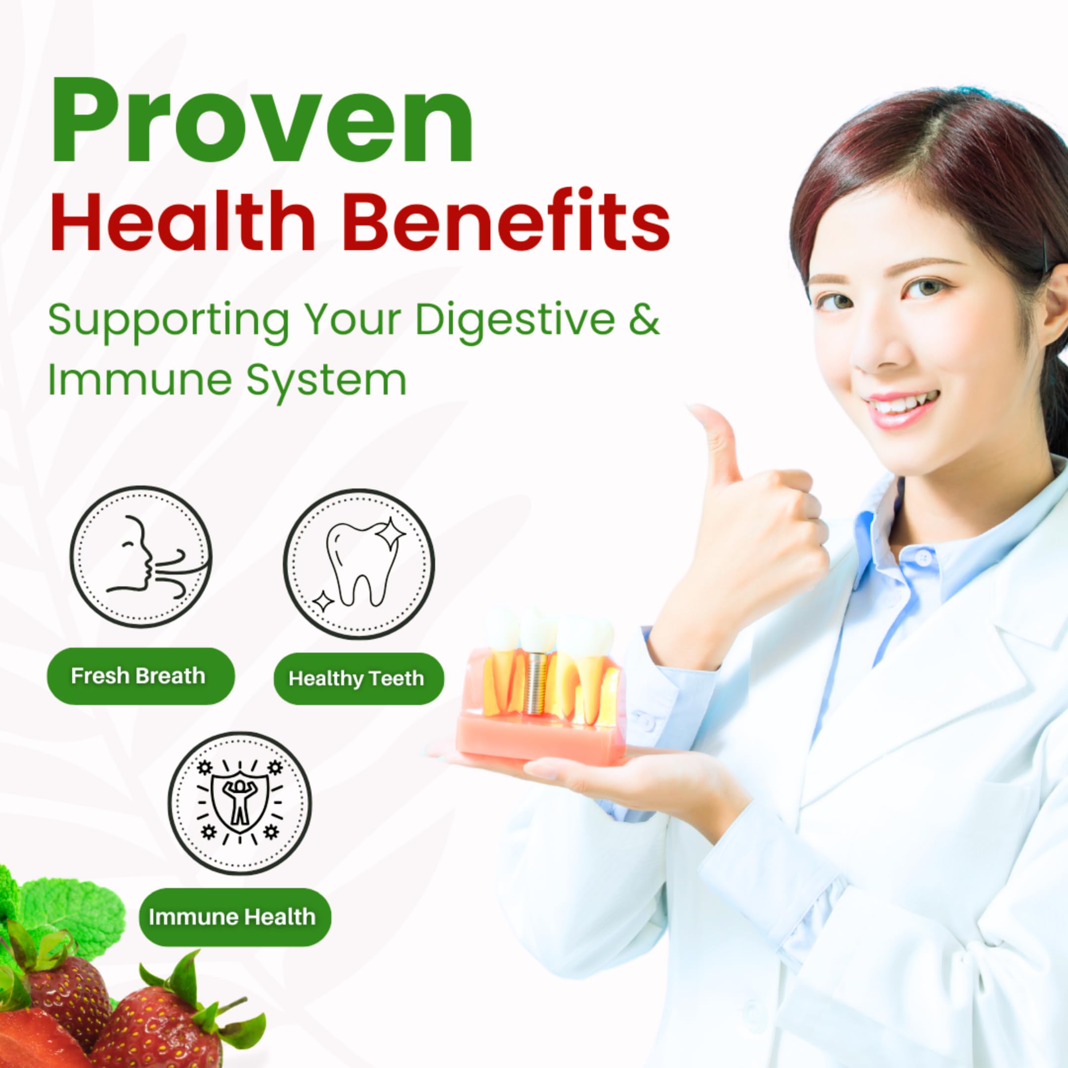 Strawberry-mint flavored chewable tablet close-up