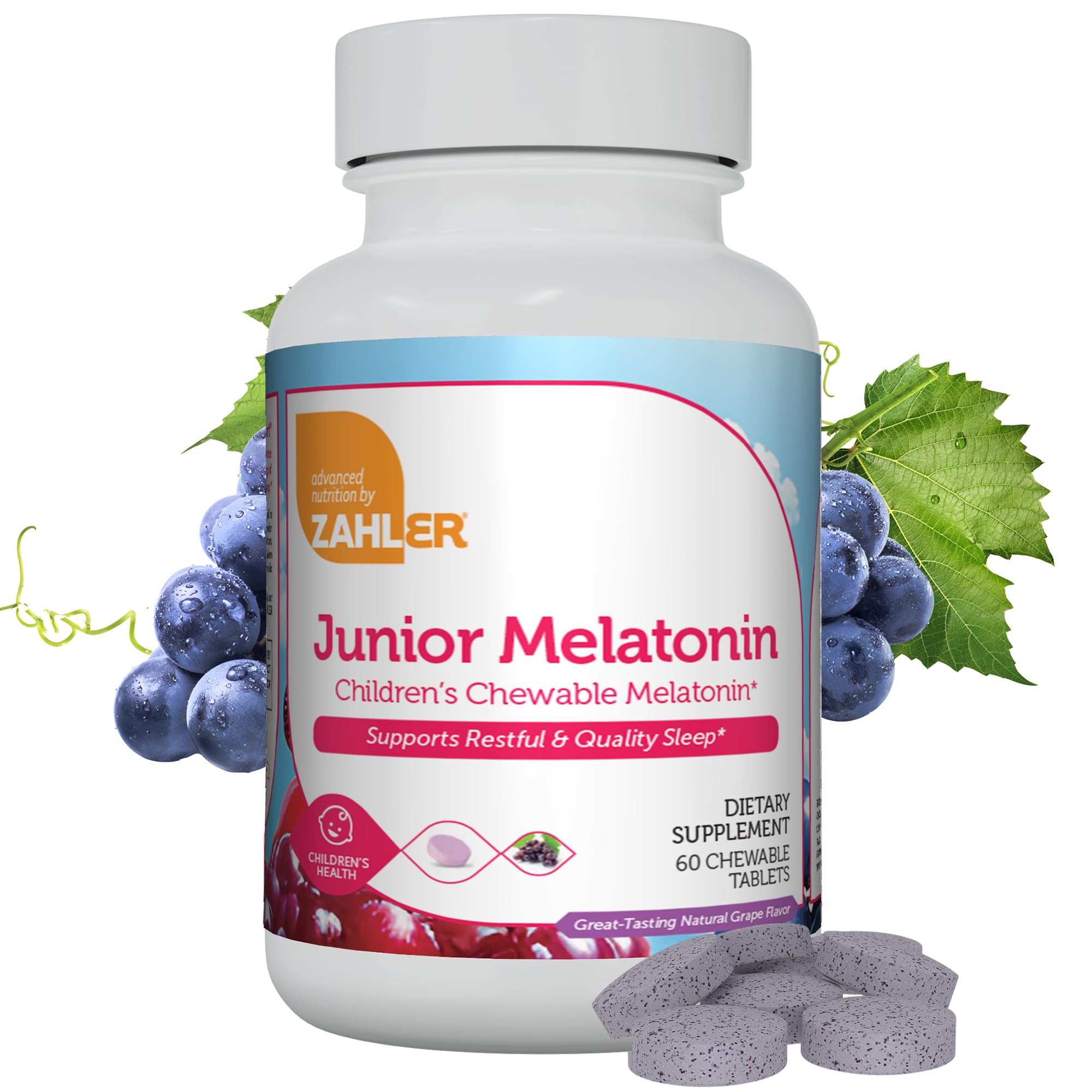 Front view of Zahler 1mg Kids Melatonin grape-flavored chewables bottle