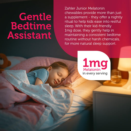 Close-up of Zahler Kids Melatonin grape-flavored chewables packaging
