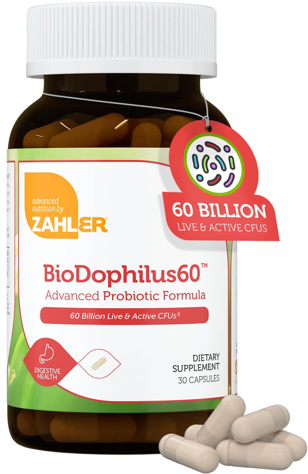 Zahler Biodophilus bottle showing 60 billion live cultures per serving