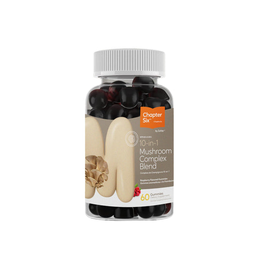 Front view of Zahler Chapter Six 10 in 1 Mushroom Complex Raspberry 60-count bottle