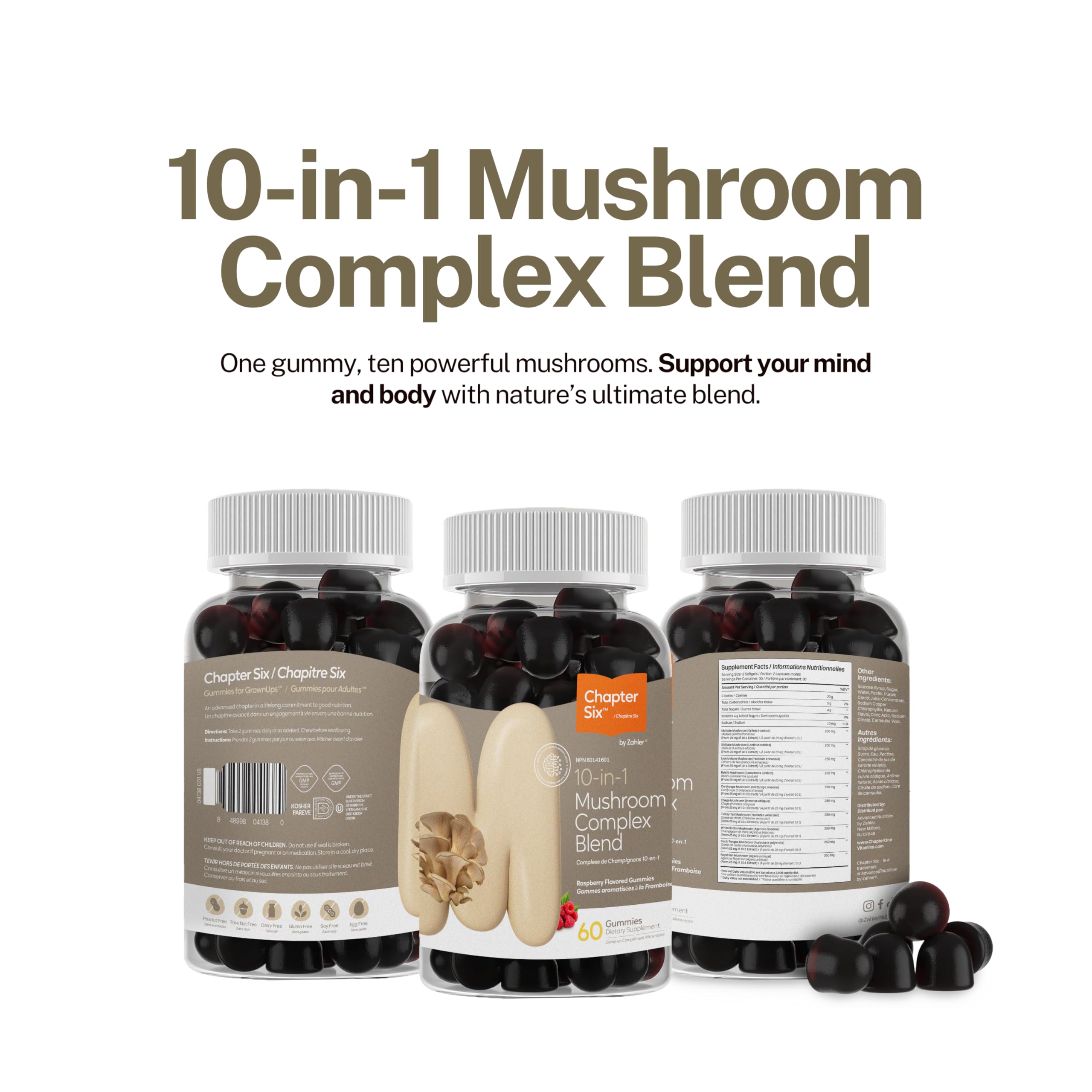 Close-up of label for Zahler Chapter Six 10 in 1 Mushroom Complex Raspberry