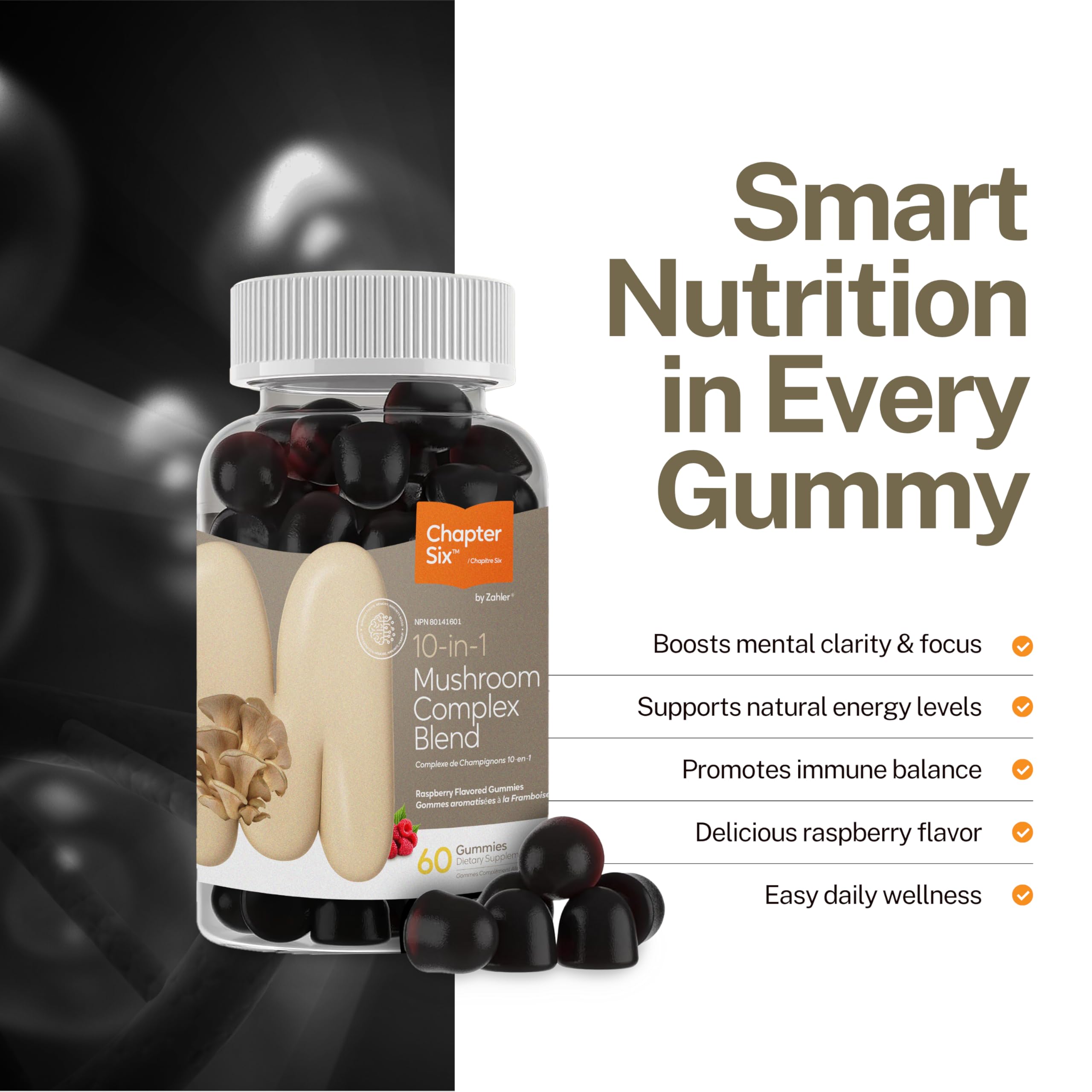 Side view of Zahler Chapter Six 10 in 1 Mushroom Complex Raspberry bottle (alternate)