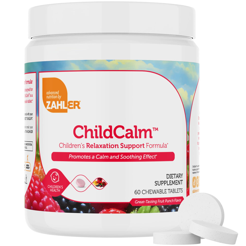 Close-up of Zahler ChildCalm chewables showing fruit punch flavor