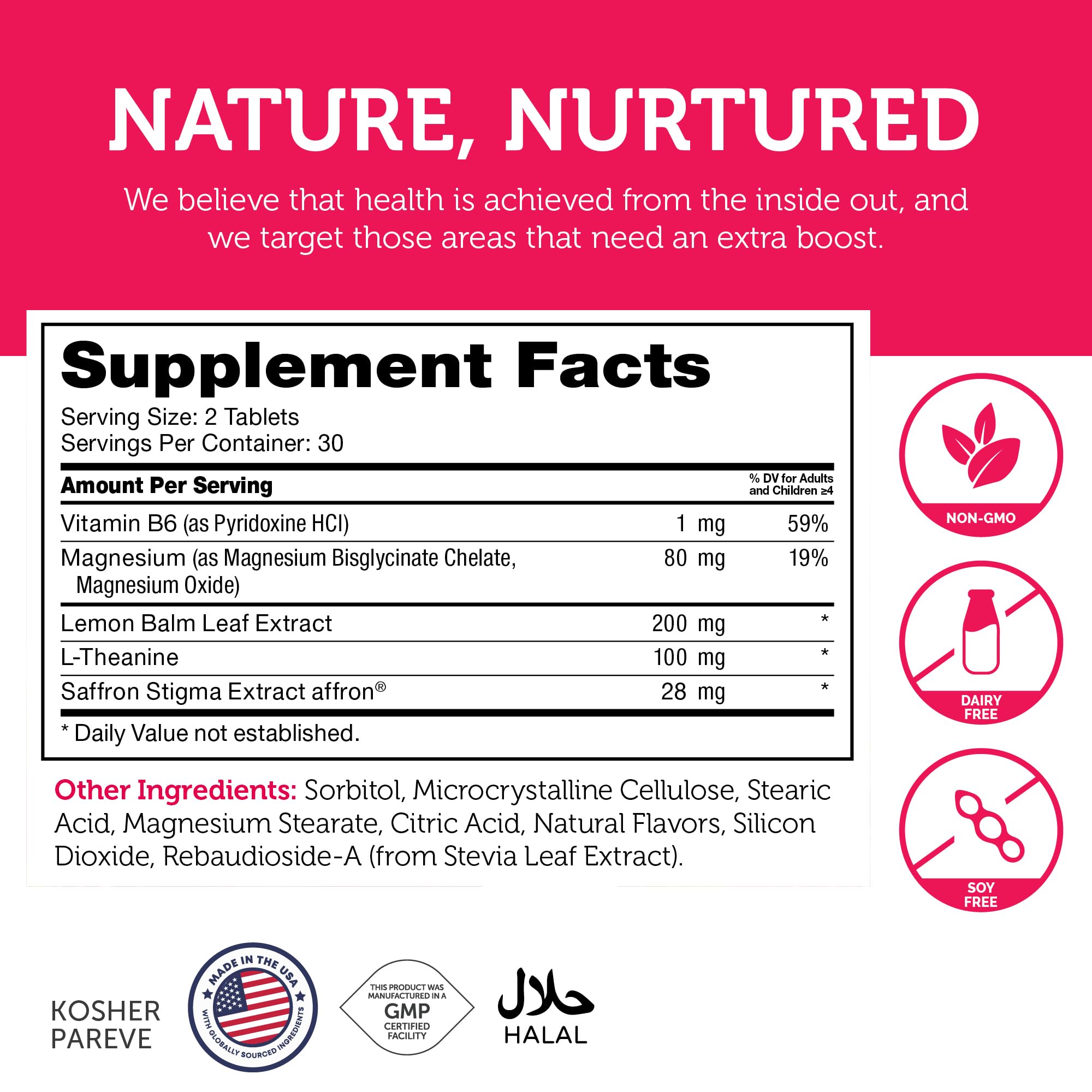 Kosher, Non-GMO, Dairy Free, Soy Free icons on product packaging