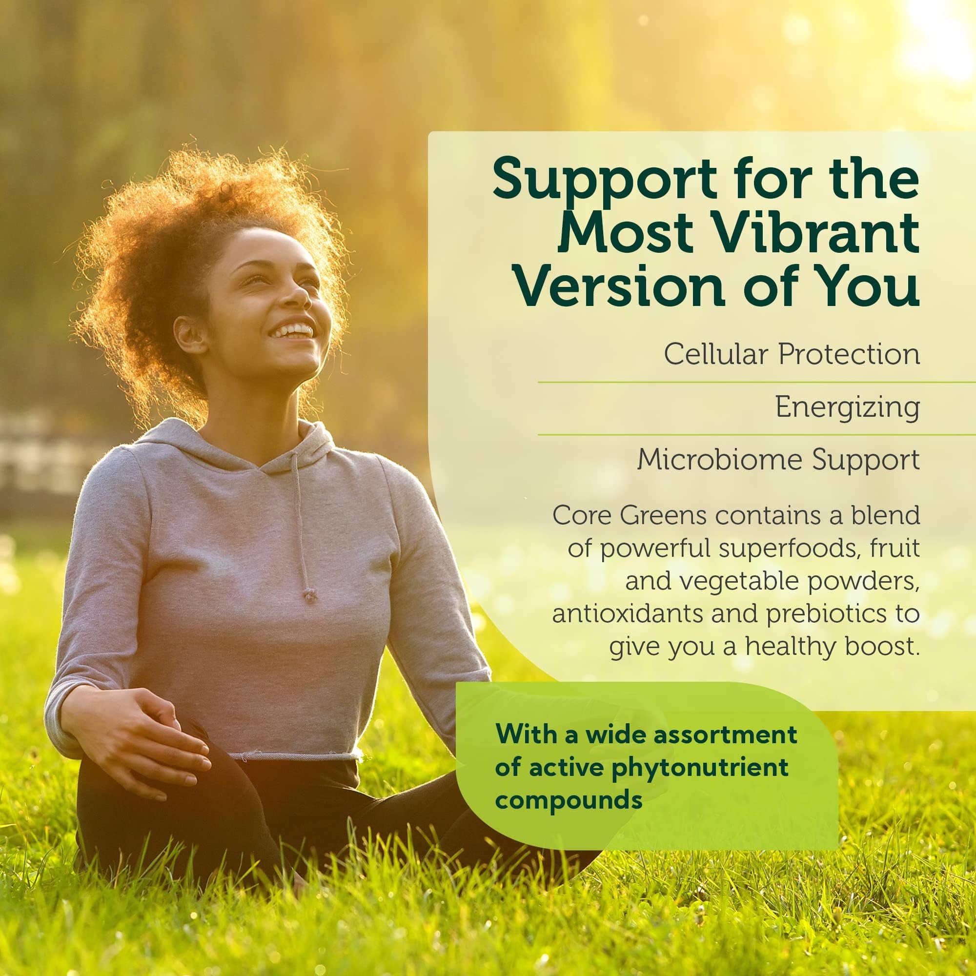 Ingredients panel featuring spirulina and chlorella