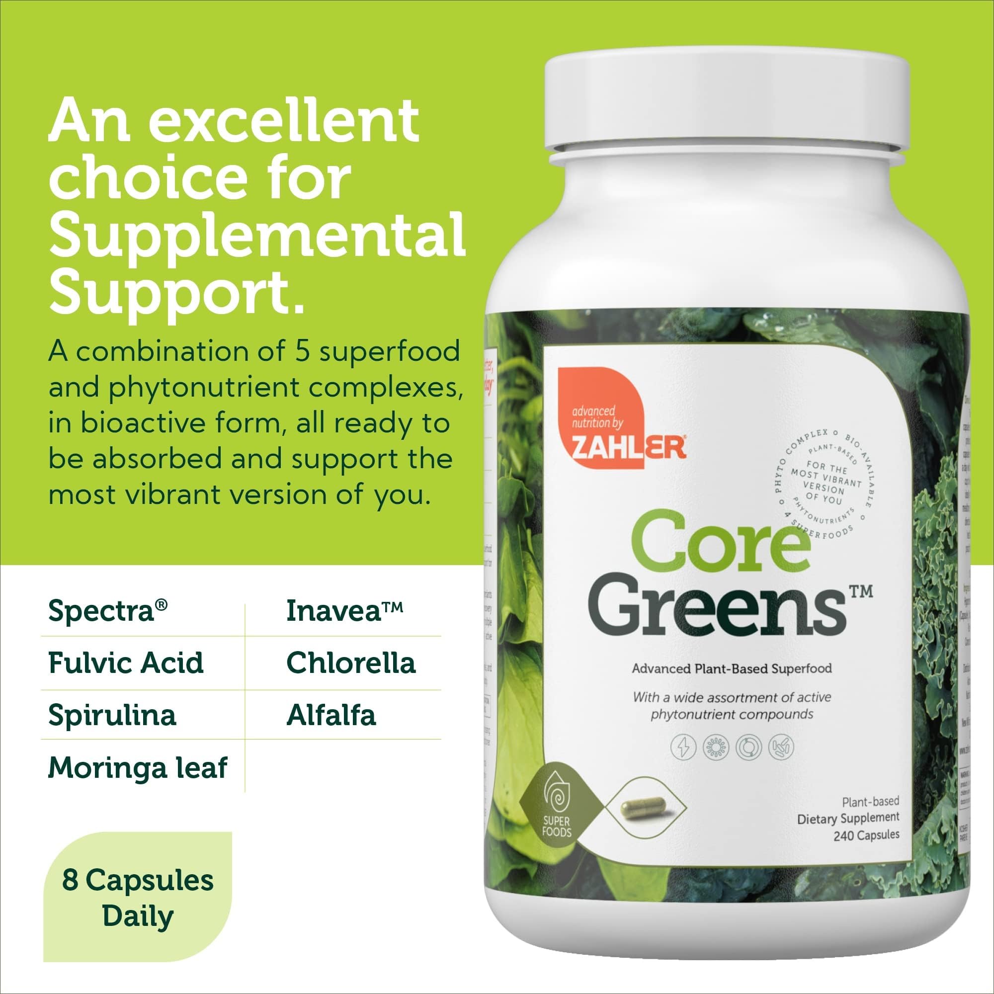 Glossy Zahler Core Greens bottle with green capsules