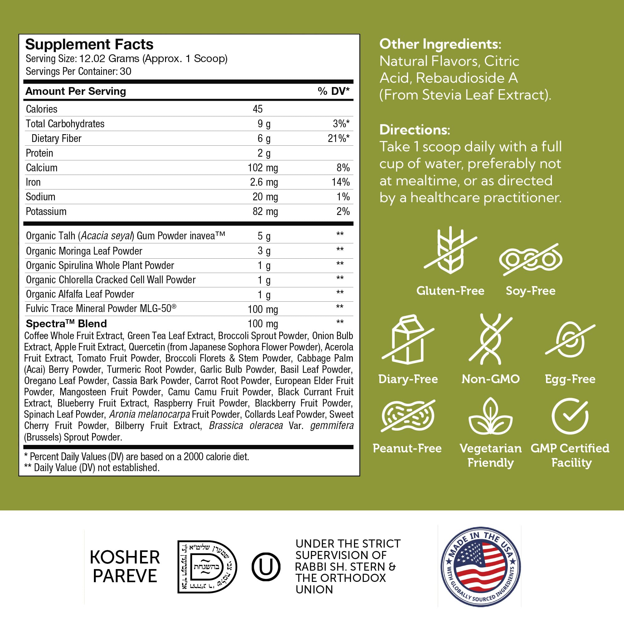 Kosher certified, non-GMO plant-based greens supplement ingredients